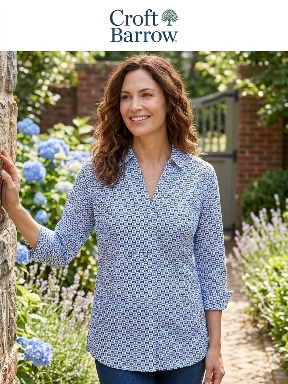 croft & barrow Blue Printed V‑Neck Collared Tunic